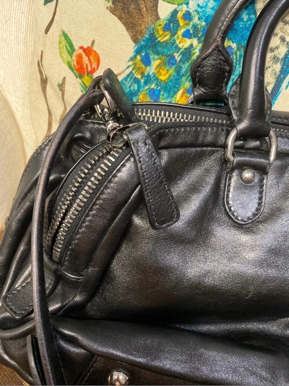Miu Miu Triple Zip Black Croc Embossed Patent Leather Satchel
